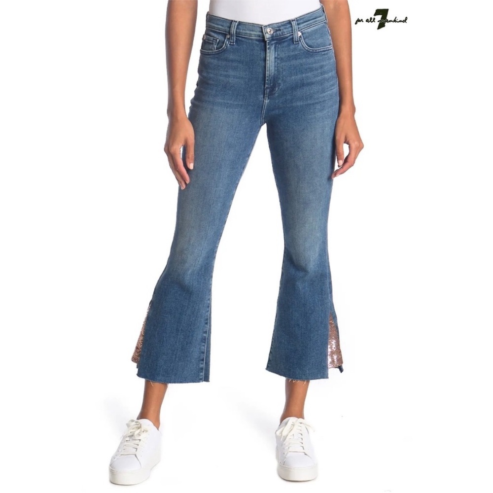 7 For All Mankind Luxe Vintage High Waist Slim Kick Cropped Jeans Sequin Ankle